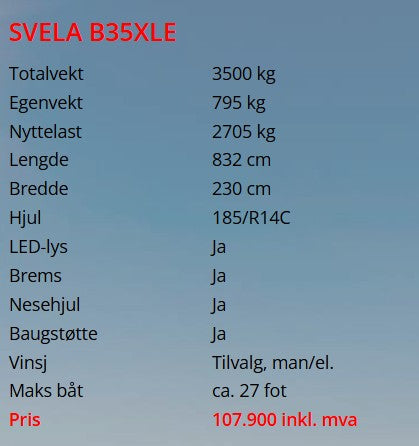 Båthenger - Svela B35XLE til utleie